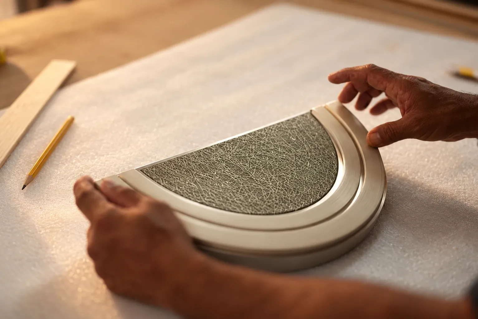 A craftsman's hands steadying a curved, layered panel on the workbench