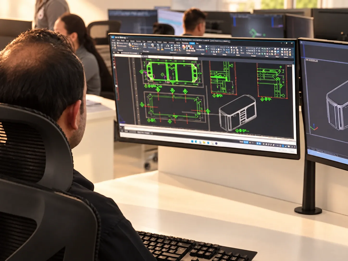 Engineers at a bank of monitors working up cabinetry in CAD, elevations and a 3D model open side by side