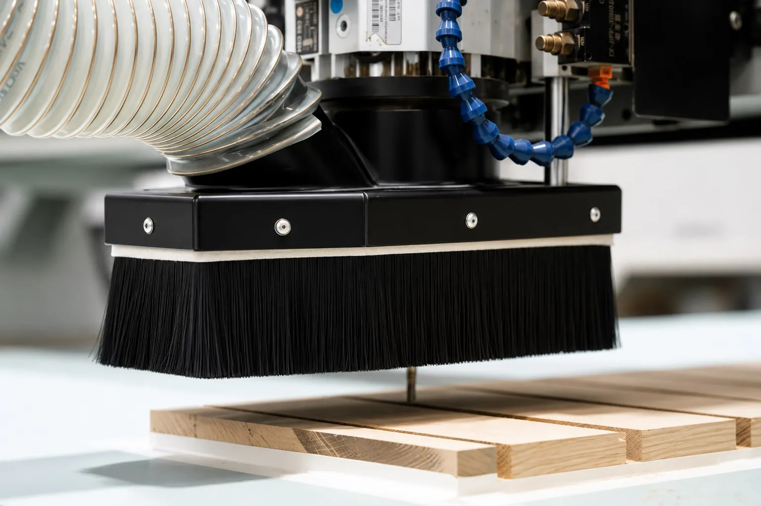 The brush-skirted head of a CNC router lowered over a slatted timber workpiece on the nesting bed