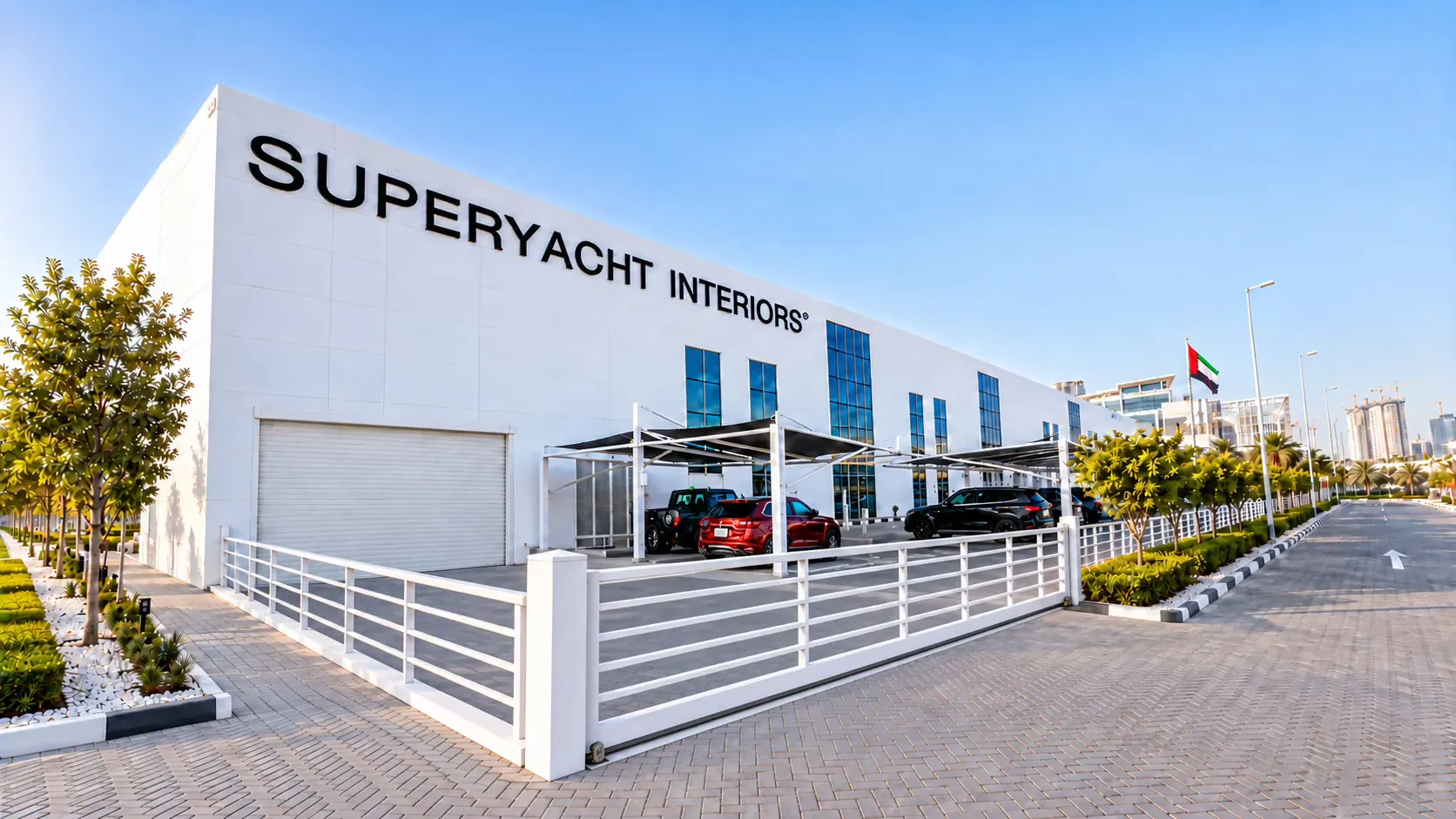 The exterior of SYI's Dubai facility, its white facade carrying the Superyacht Interiors name