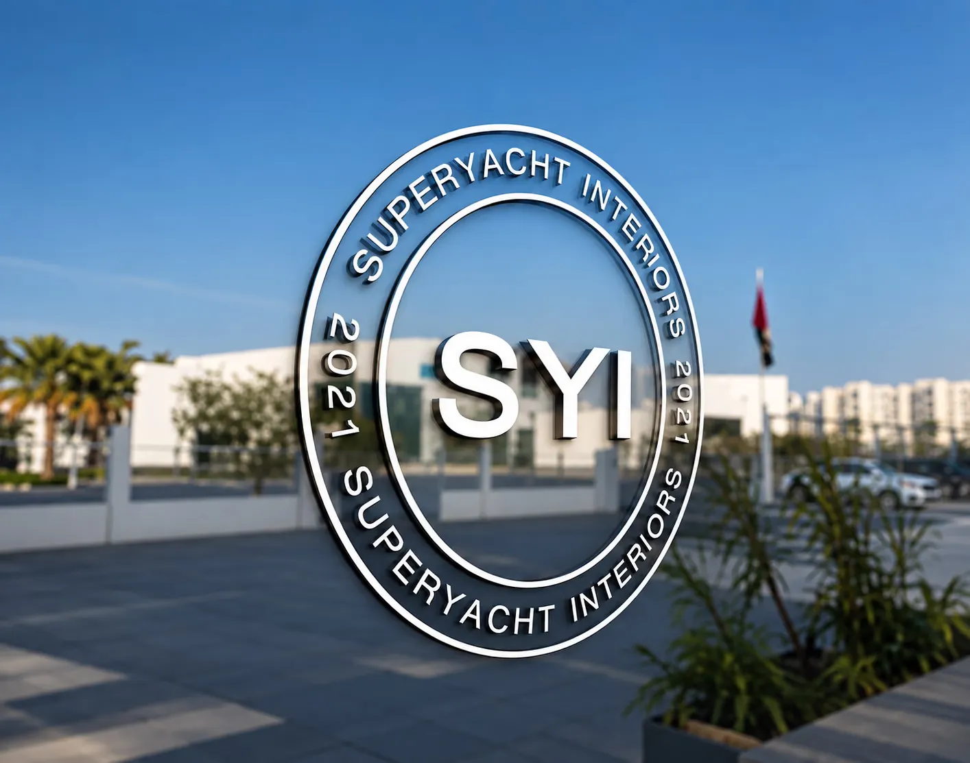 The SYI roundel etched into the glass at the entrance to the Dubai facility